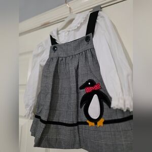 Vintage Little Bitty Two Piece Dress Jumper Black White Plaid Applique Penguin